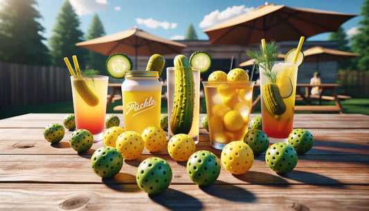 Image of alcoholic beverages, pickles, and pickleballs set on a deck or a table