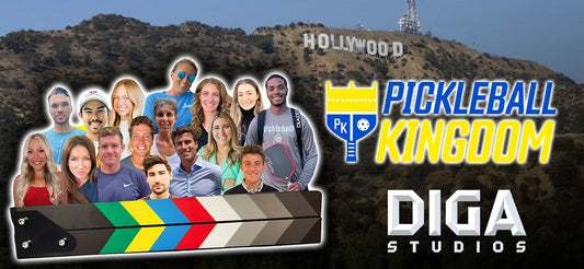 Contestants and text relating to Pickleball Kingdom's reality show, Pickleball Paddle Baddle, with DIGA Studios logo