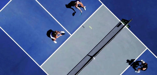 An aerial view of a group playing pickleball.