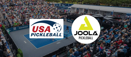 USAP is the target of a lawsuit made by JOOLA, both organizations' logos are included against a backdrop of a pickleball match.